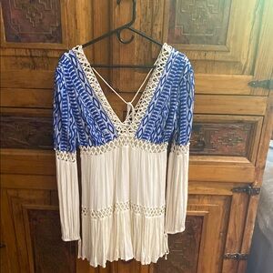 Free People Blue and Cream Long Sleeve Pleated mini dress.